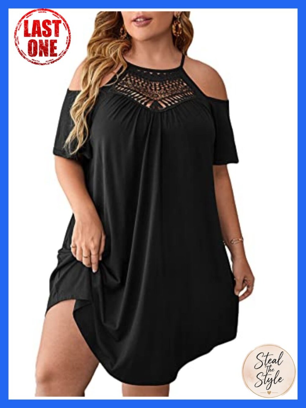 Plus Size Contrast Lace Cold Shoulder Short Sleeve Casual T Shirt Dress